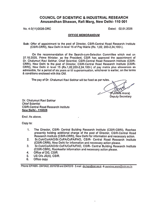 Dr. Chalumuri Ravi Sekhar, has joined as Director, CSIR-CRRI w.e.f. 2nd January 2026 Dr. Chalumuri Ravi Sekhar, has joined as Director, CSIR-CRRI w.e.f. 2nd January 2026